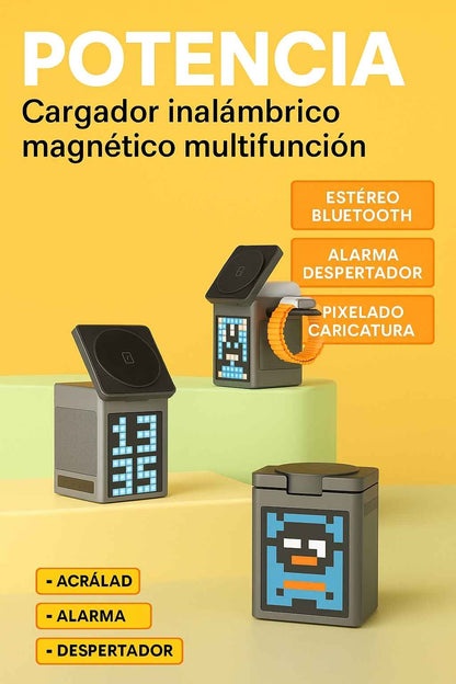 Cargador inalambrico 3 en 1 con Bocina y Pantalla Pixel