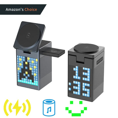 Cargador inalambrico 3 en 1 con Bocina y Pantalla Pixel
